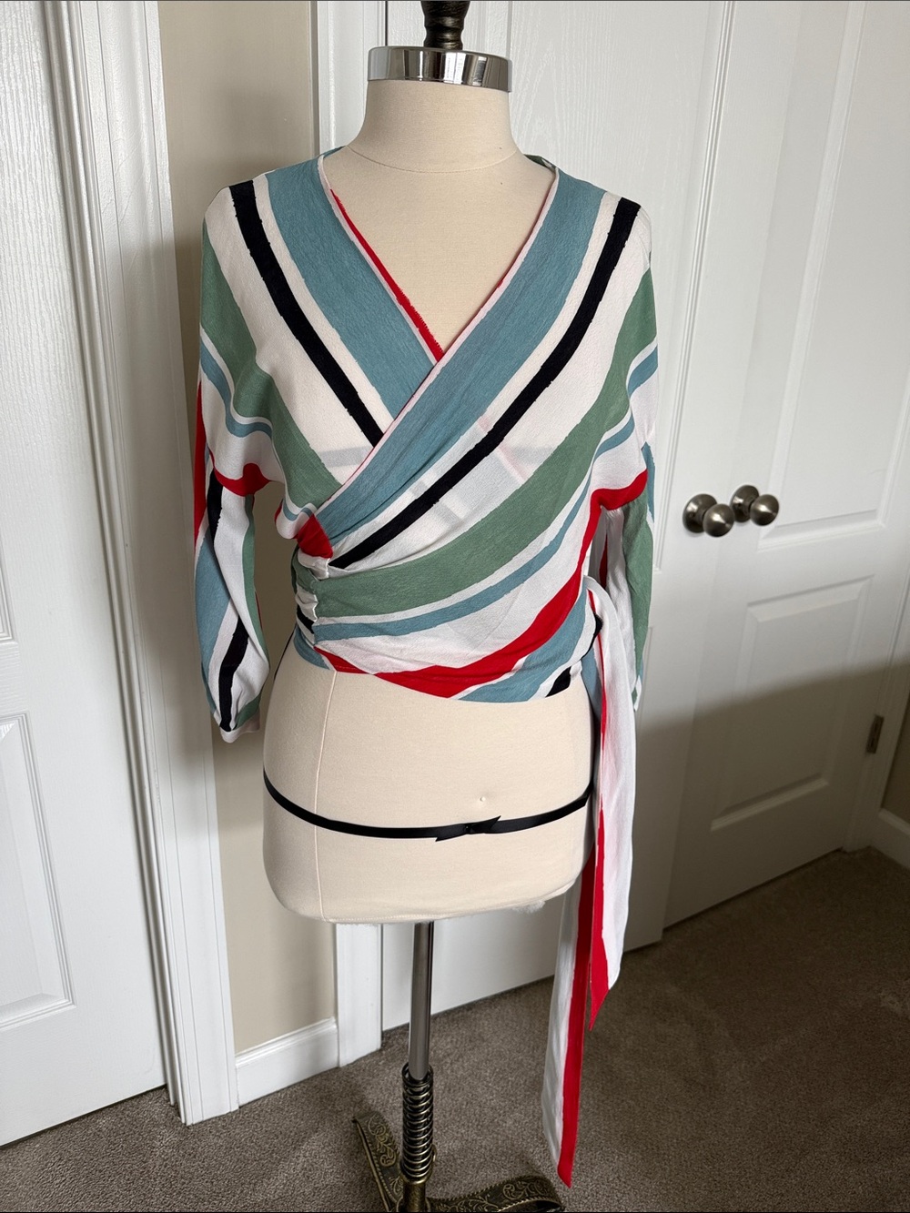Zara Striped Wrap Top in White, Red, Blue & Green